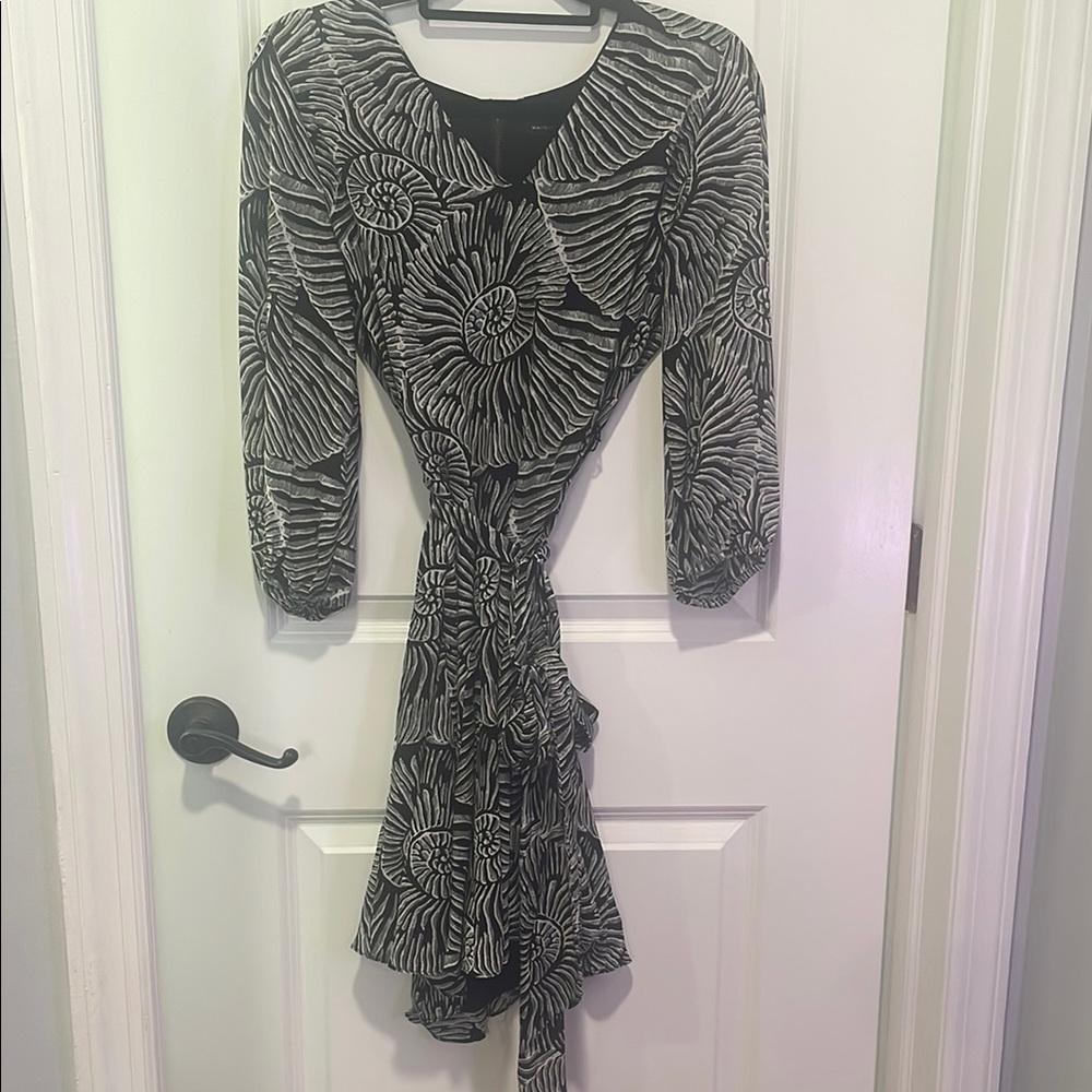 White House Black Market Black and White Wrap Dress with Ruffled Hem